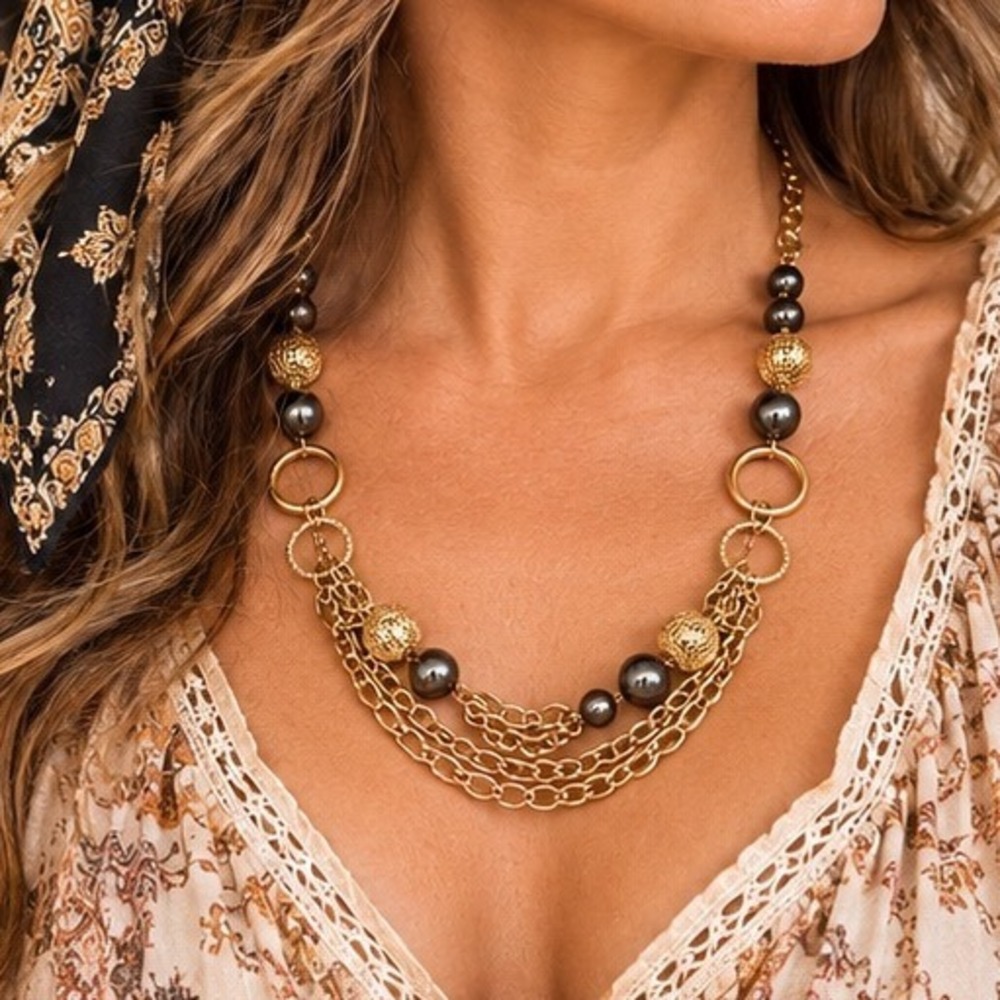 Multi Strand Bib Necklace Pearlized Filigree Bead Boho Statement Golden Chains
